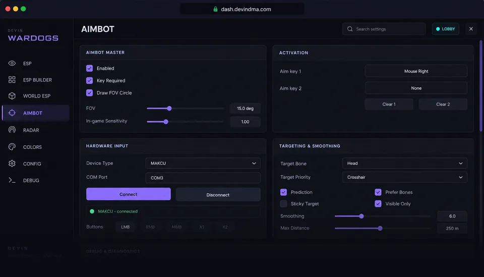The Wardogs DMA aimbot settings in DEVIN Loader